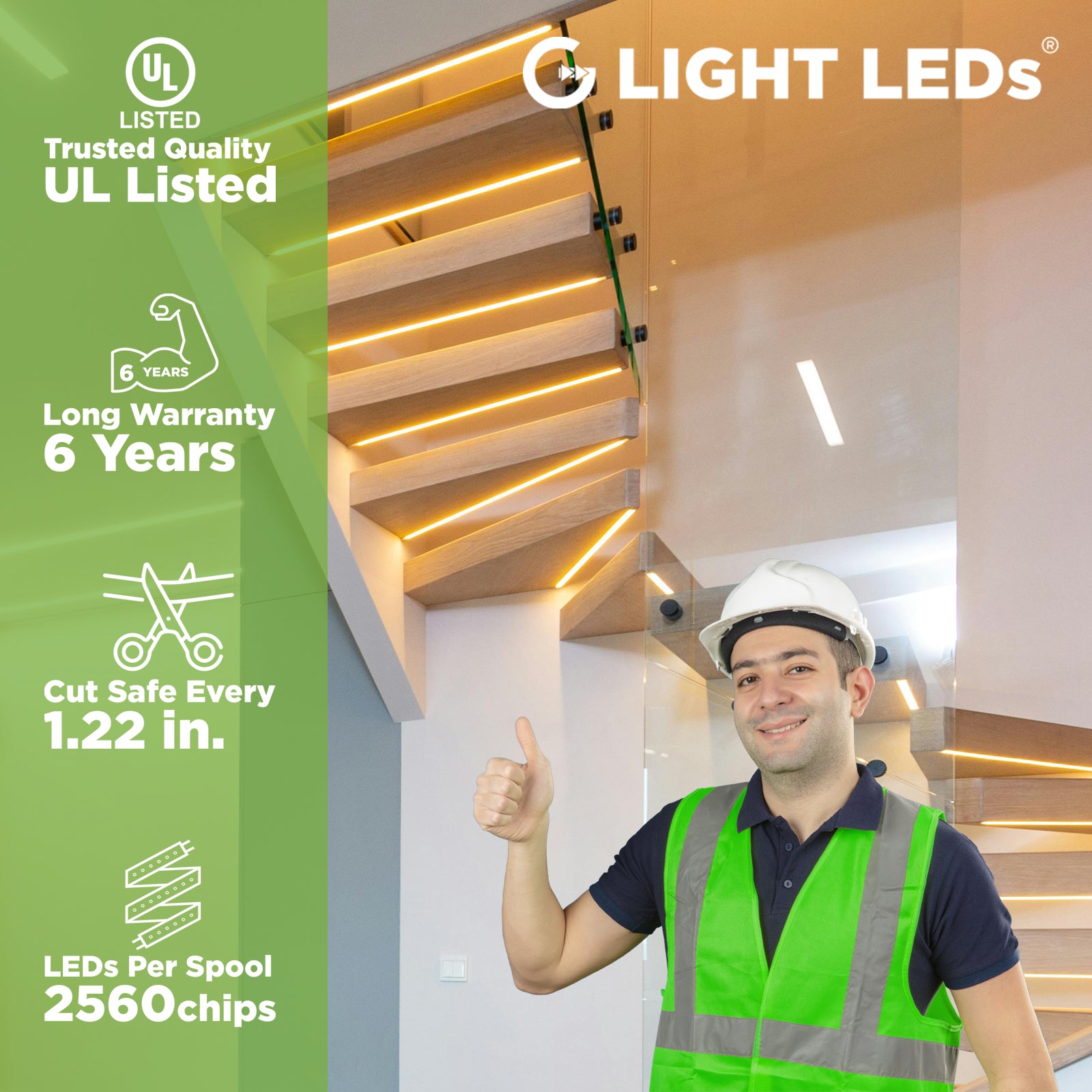 G Light LEDs COB LED Tape Light, UL Listed, 6-year warranty, 31mm cutting section, 512 LEDs/m, 2560 LEDs/roll