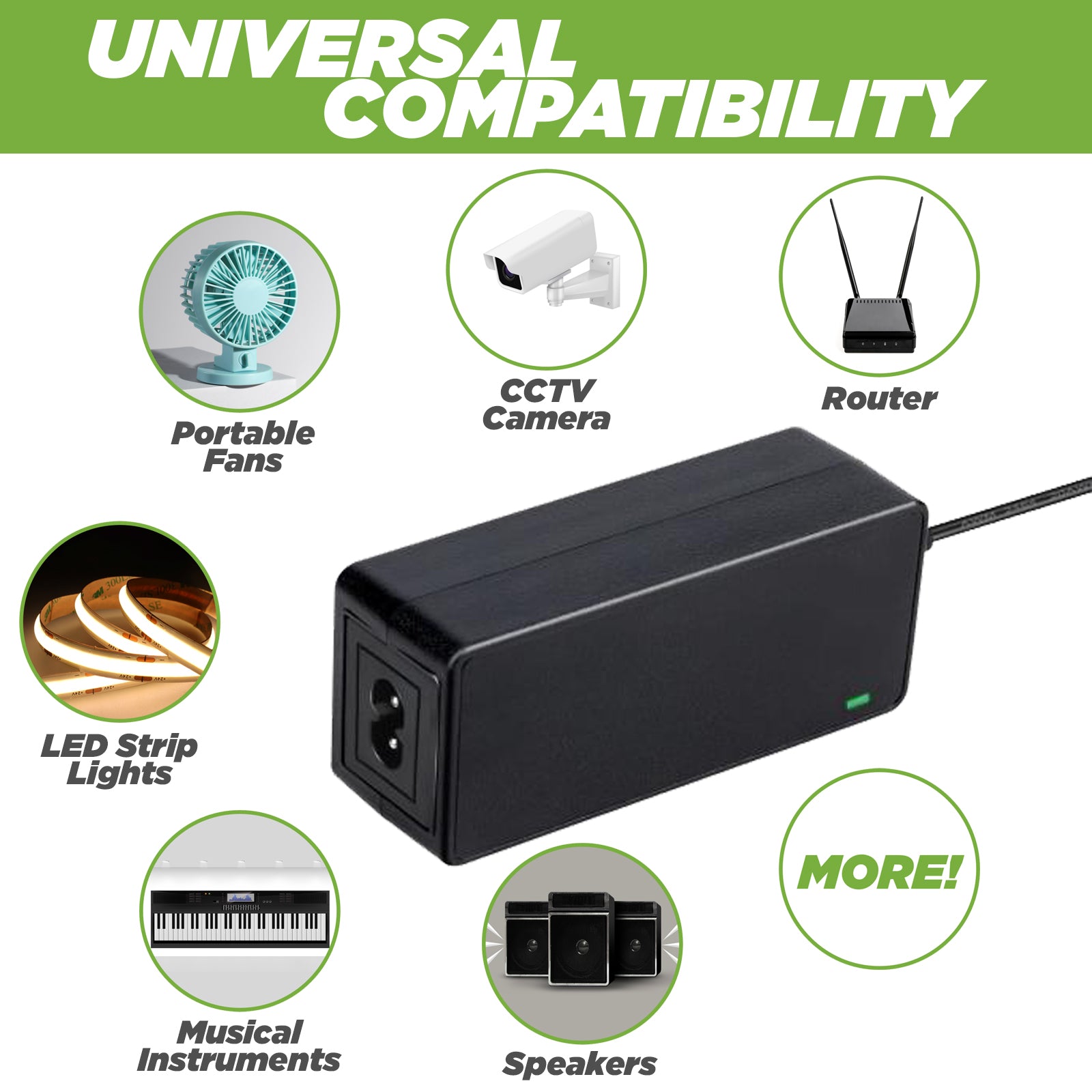 12V Plug and Play Power Supply for CCTV, Speakers, Router, Appliances, LED Strip Lights, Instruments