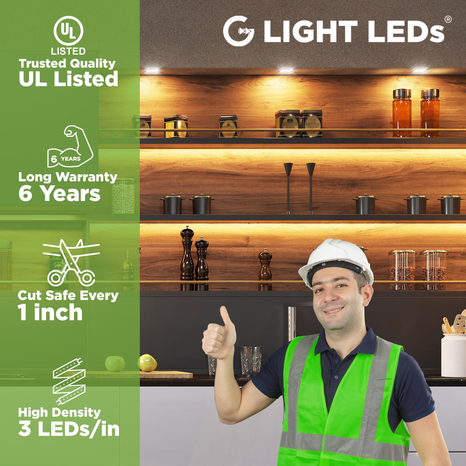 12V G Light LEDs SMD2835 High Density, UL Listed, 6 Year Warranty, 1 inch cut length, 