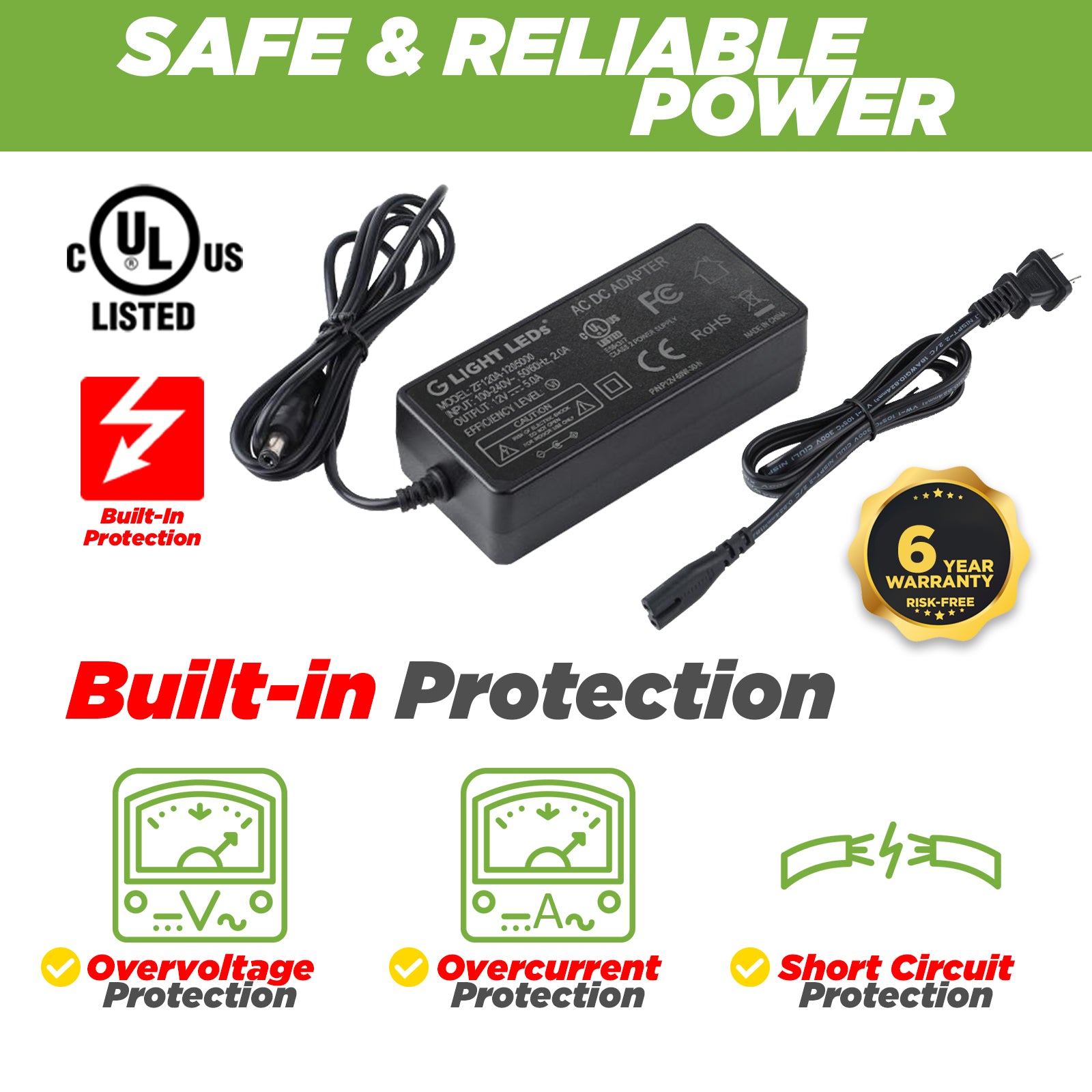 G Light LEDs, Safe and Reliable, Plug and Play Power supply, 12V DC, Overvoltage, Over Current, Short Circuit Protection,